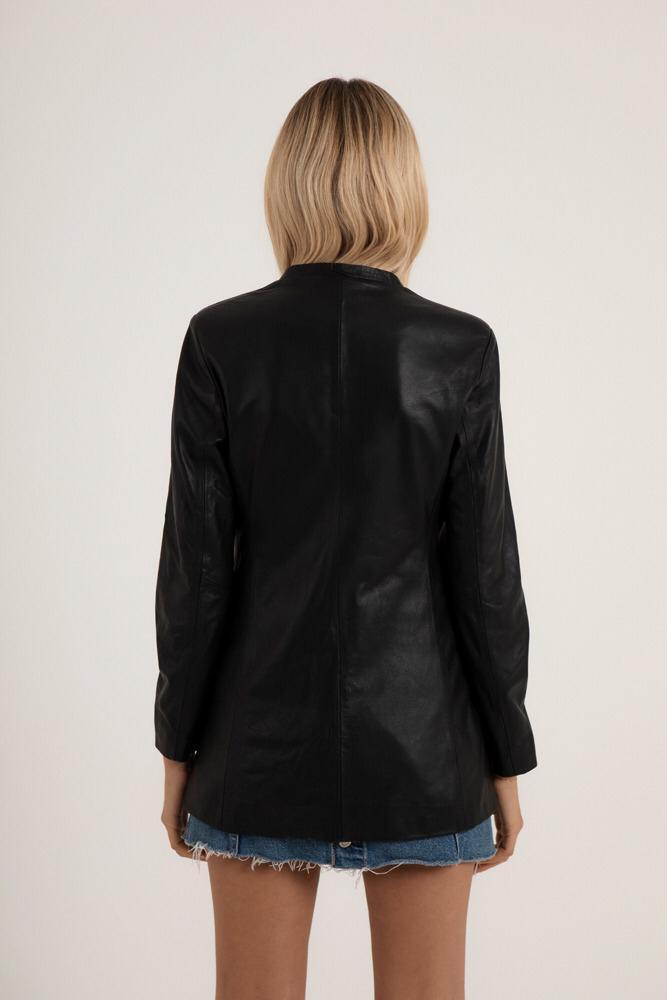 Women's Black Genuine Leather Mid-Length Blazer Jacket - Lovez Aqua© - 