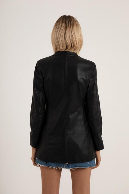 Women's Black Genuine Leather Mid-Length Blazer Jacket - Lovez Aqua© - 