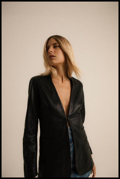 Women's Black Genuine Leather Mid-Length Blazer Jacket - Lovez Aqua© - 