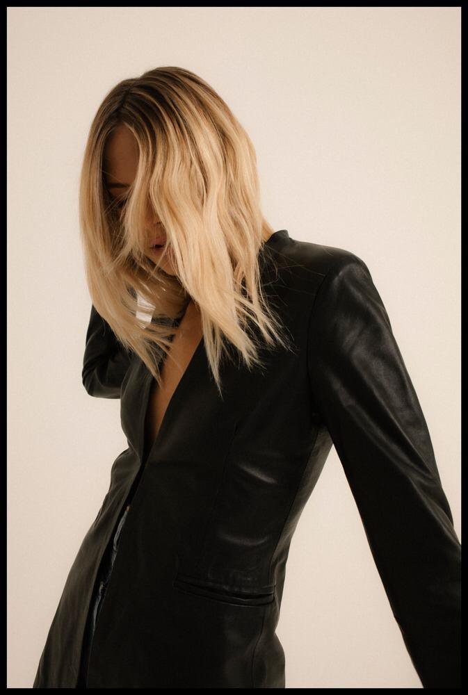 Women's Black Genuine Leather Mid-Length Blazer Jacket - Lovez Aqua© - 