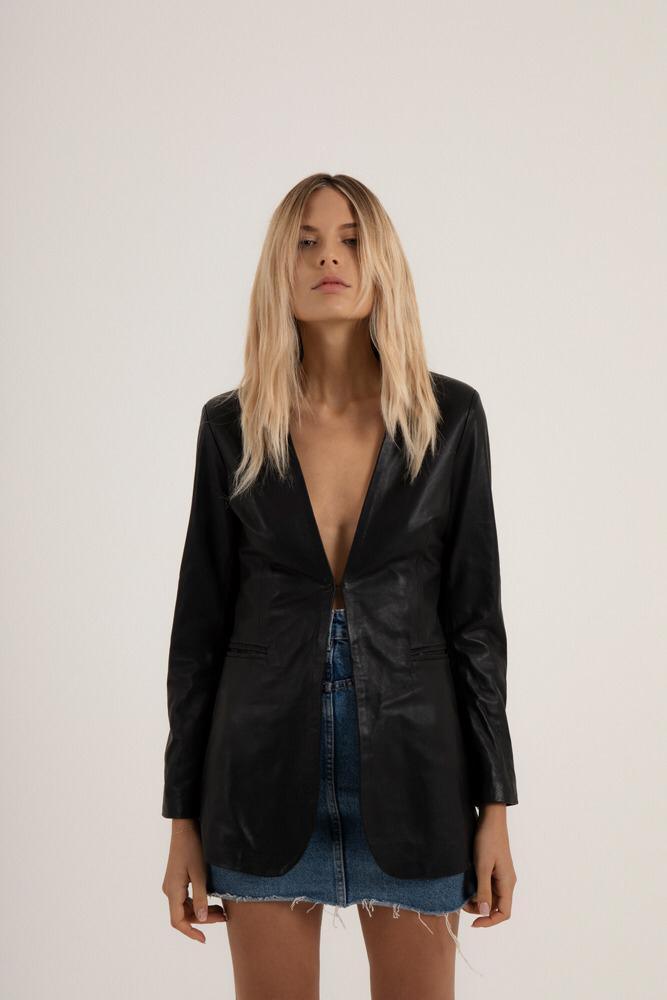Women's Black Genuine Leather Mid-Length Blazer Jacket - Lovez Aqua© - 
