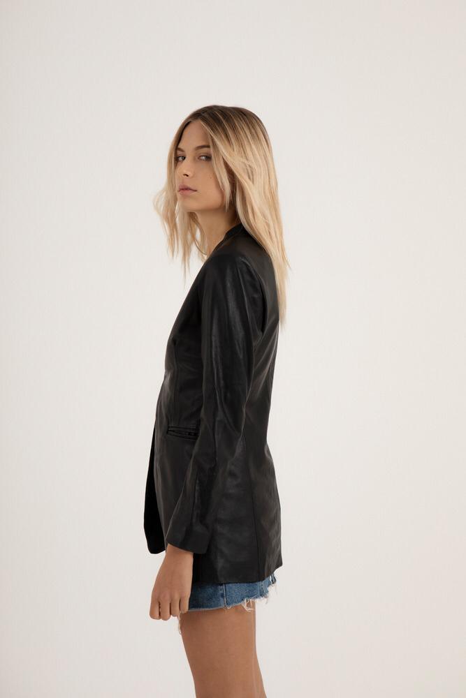 Women's Black Genuine Leather Mid-Length Blazer Jacket - Lovez Aqua© - 