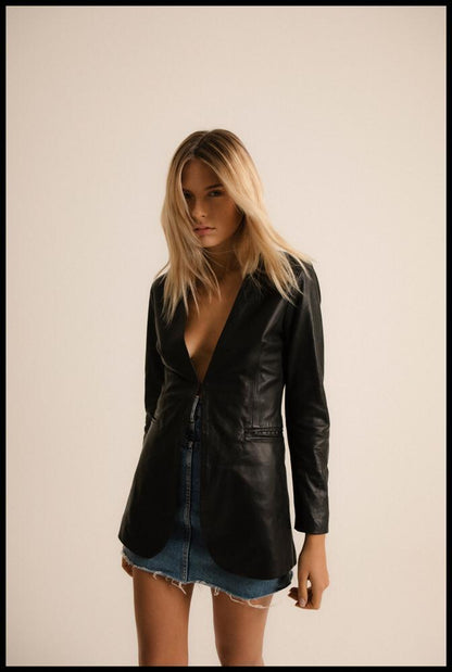 Women's Black Genuine Leather Mid-Length Blazer Jacket - Lovez Aqua© - 