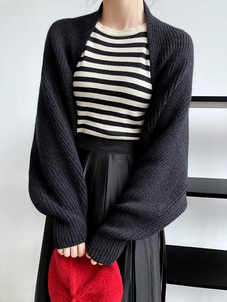 Women’s Black Knit Shrug Scarf With Ribbed Sleeves - Lovez Aqua© - 