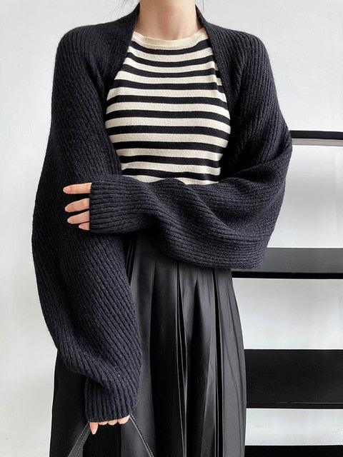 Women’s Black Knit Shrug Scarf With Ribbed Sleeves - Lovez Aqua© - Default Title