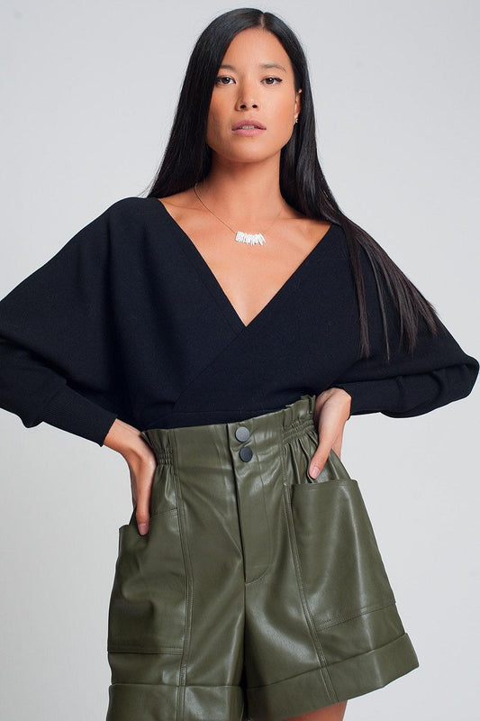 Women's Black Knitted Pullover Sweater with Wrapped V-Neck - Lovez Aqua© - 
