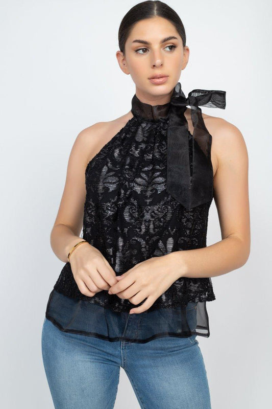 Women’s Black Lace High-Neck Halter Top with Ribbon Tie - Lovez Aqua© - M / M (6/8)