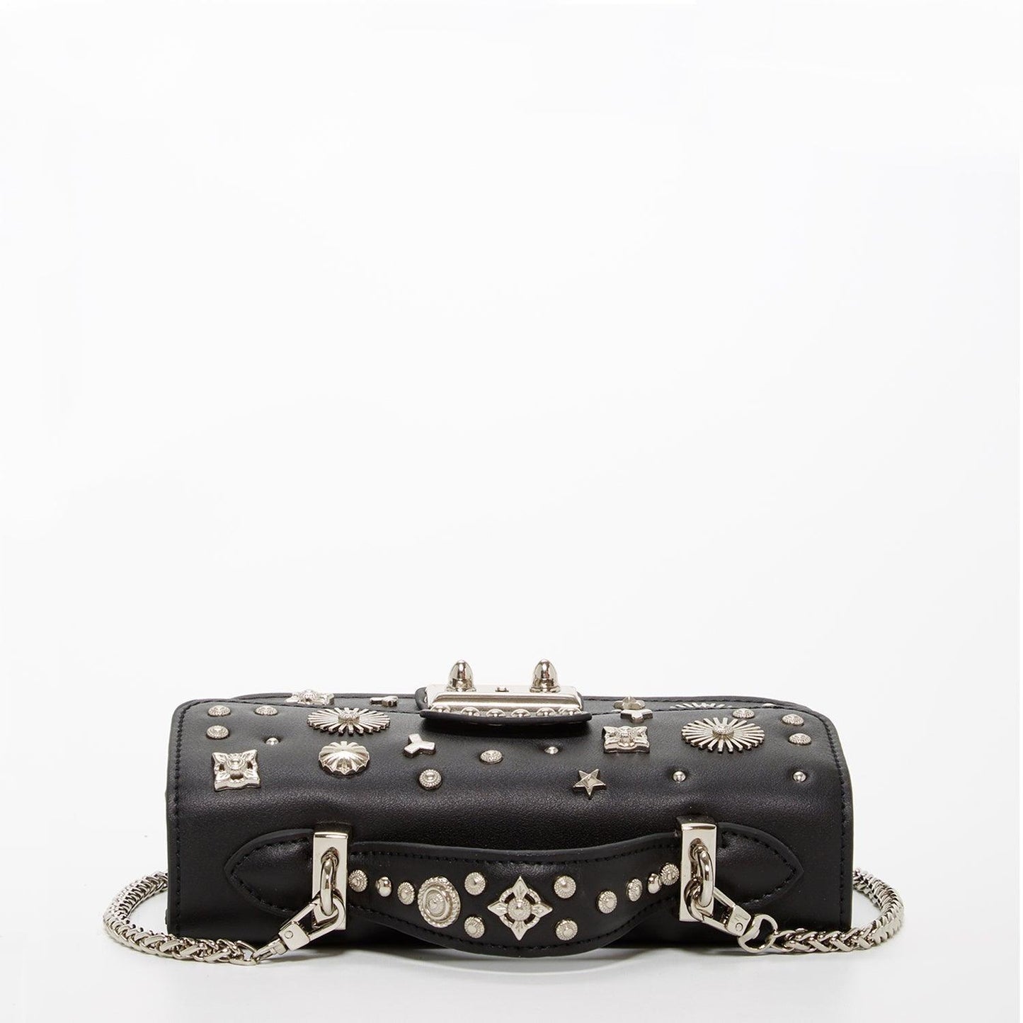 Women's Black Leather Crossbody Bag with Silver Studs & Chain Strap - Lovez Aqua© - 