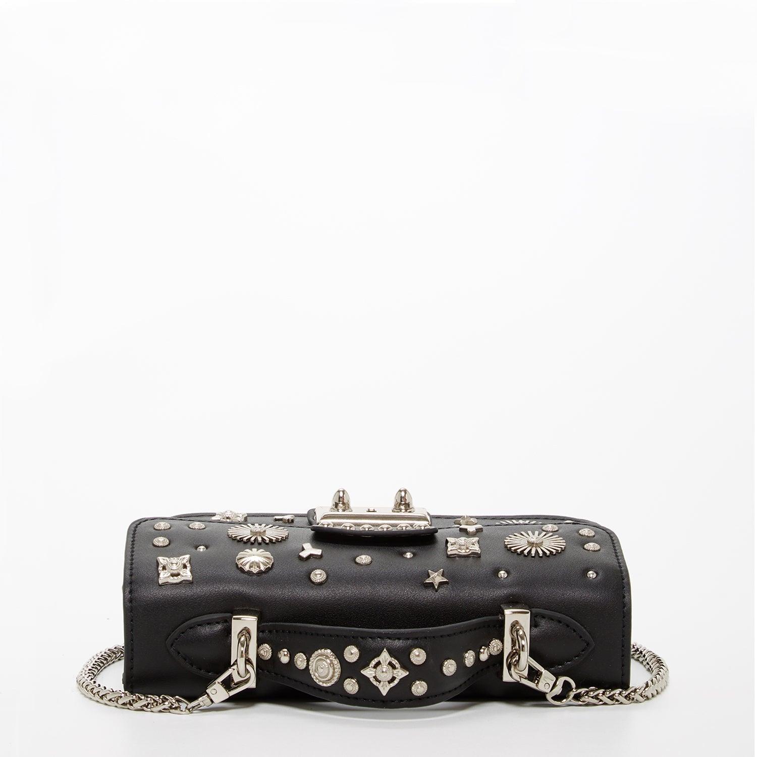 Women's Black Leather Crossbody Bag with Silver Studs & Chain Strap - Lovez Aqua© - 