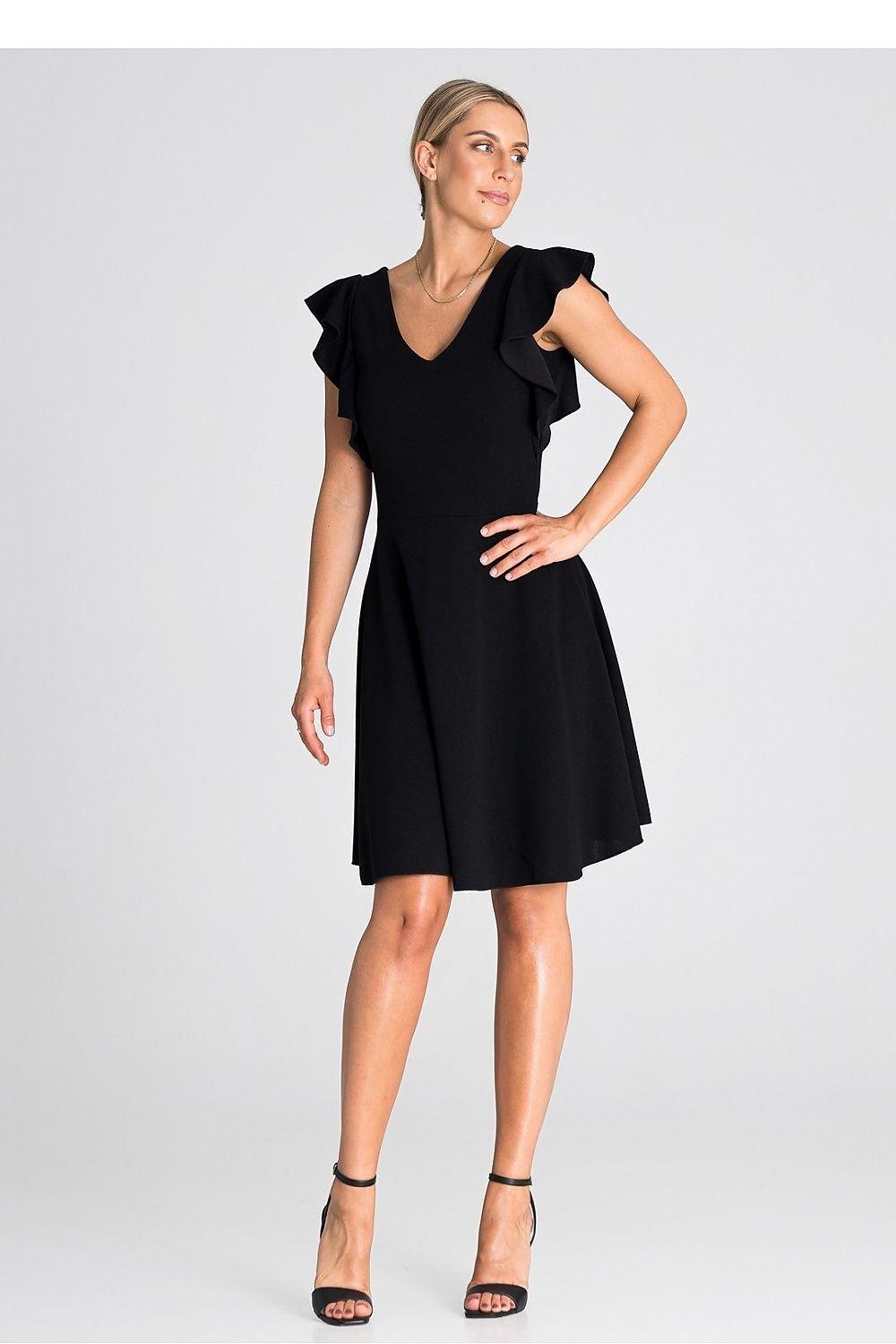 Women's Black Ruffled Sleeve Cocktail Dress With V-Shaped Neckline - Lovez Aqua© - L