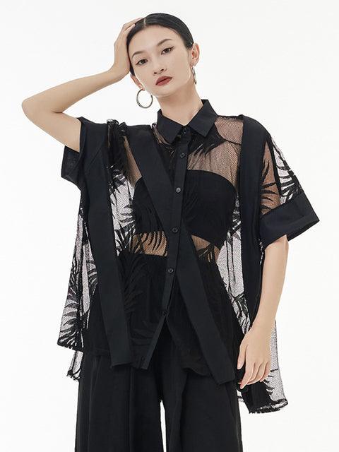 Women's Black Sheer Leaf Button Up Blouse With Mid-Length Sleeves - Lovez Aqua© - 