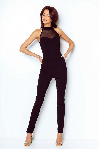 Women's Black Sleeveless Jumpsuit with Sheer Mesh Sweetheart Neckline - Lovez Aqua© - 