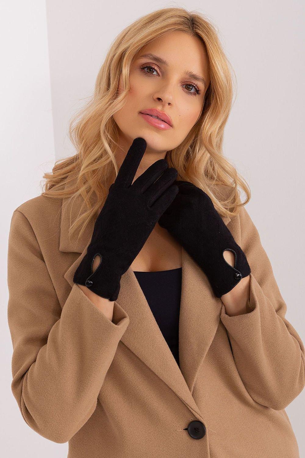 Women’s Black Touchscreen Winter Gloves with Cutout Button Detail - Lovez Aqua© - L/XL