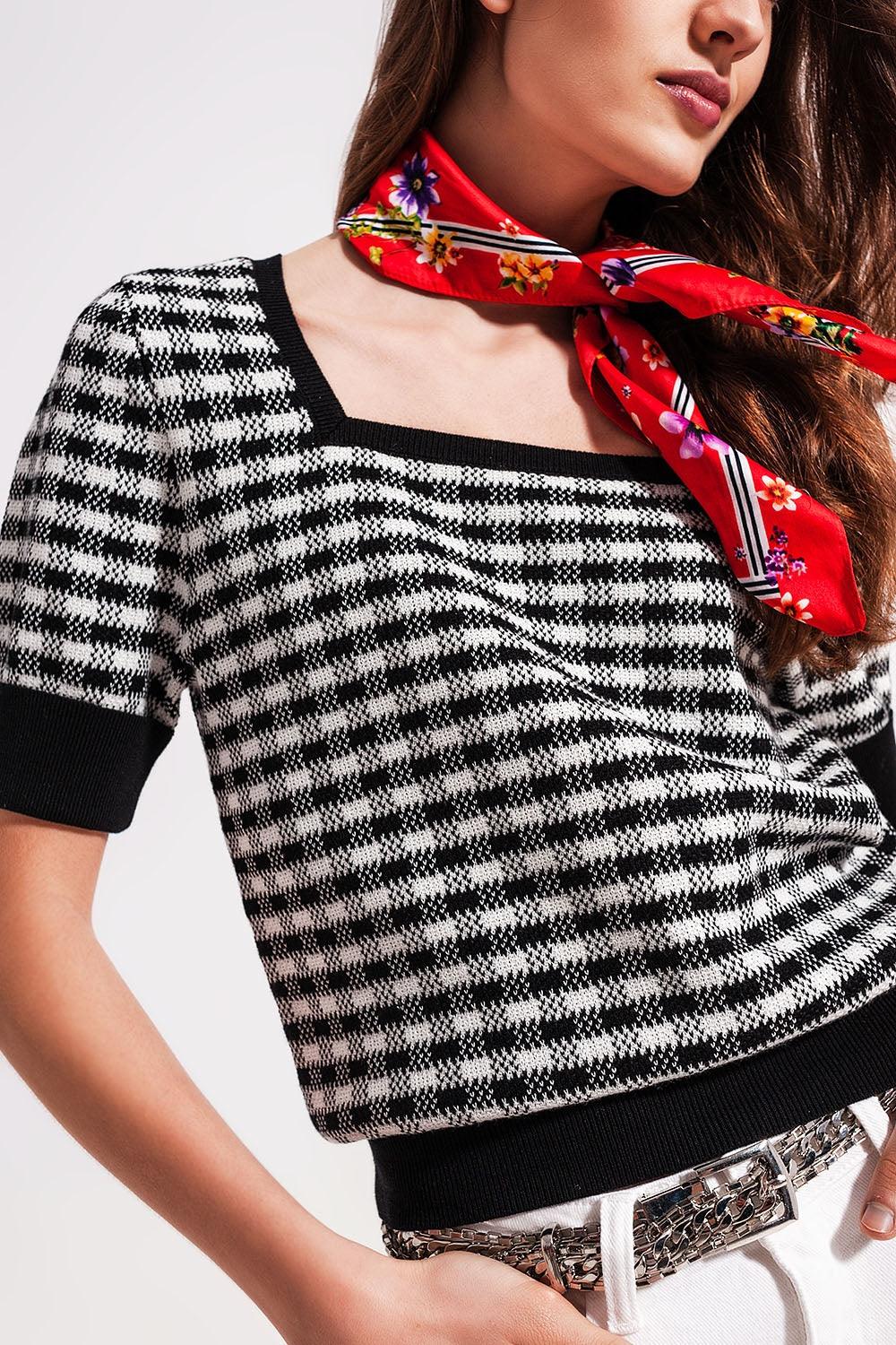 Women's Black & White Plaid Square Neck Fine Knit Cotton Jumper - Lovez Aqua© - 