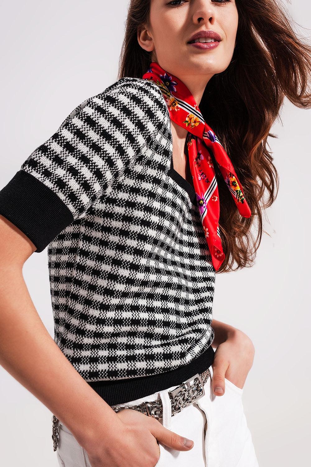 Women's Black & White Plaid Square Neck Fine Knit Cotton Jumper - Lovez Aqua© - 