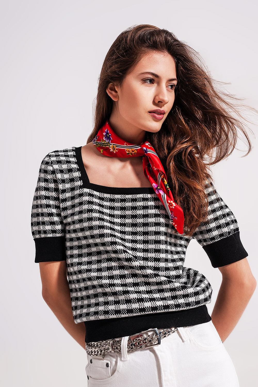Women's Black & White Plaid Square Neck Fine Knit Cotton Jumper - Lovez Aqua© - 