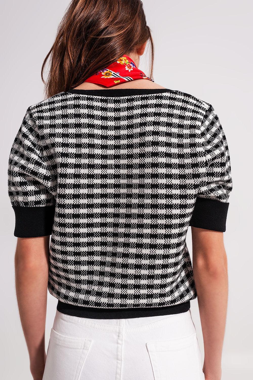 Women's Black & White Plaid Square Neck Fine Knit Cotton Jumper - Lovez Aqua© - 