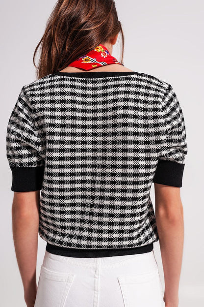 Women's Black & White Plaid Square Neck Fine Knit Cotton Jumper - Lovez Aqua© - 