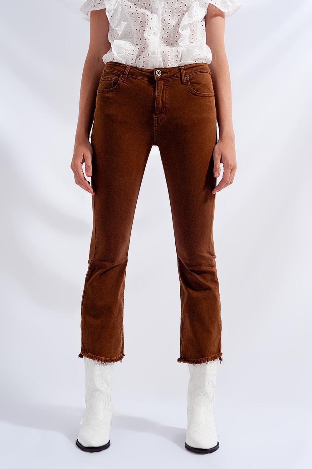 Women's Brown High Rise Raw Hem Flared Jeans - Lovez Aqua© - 