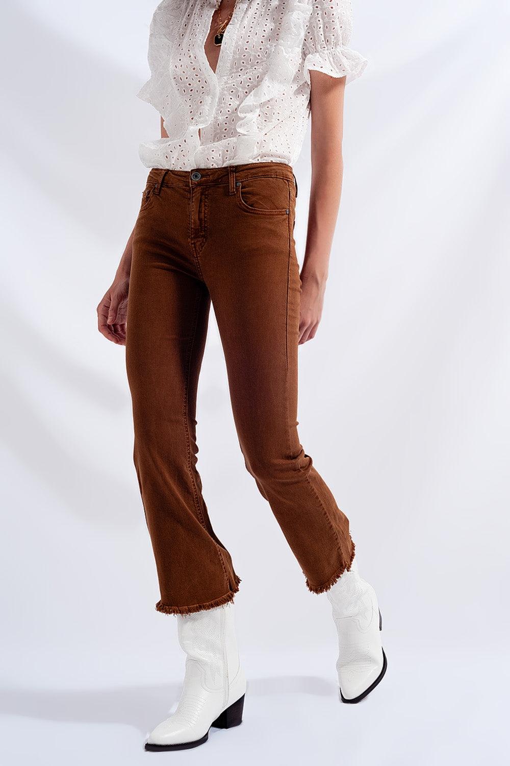 Women's Brown High Rise Raw Hem Flared Jeans - Lovez Aqua© - 