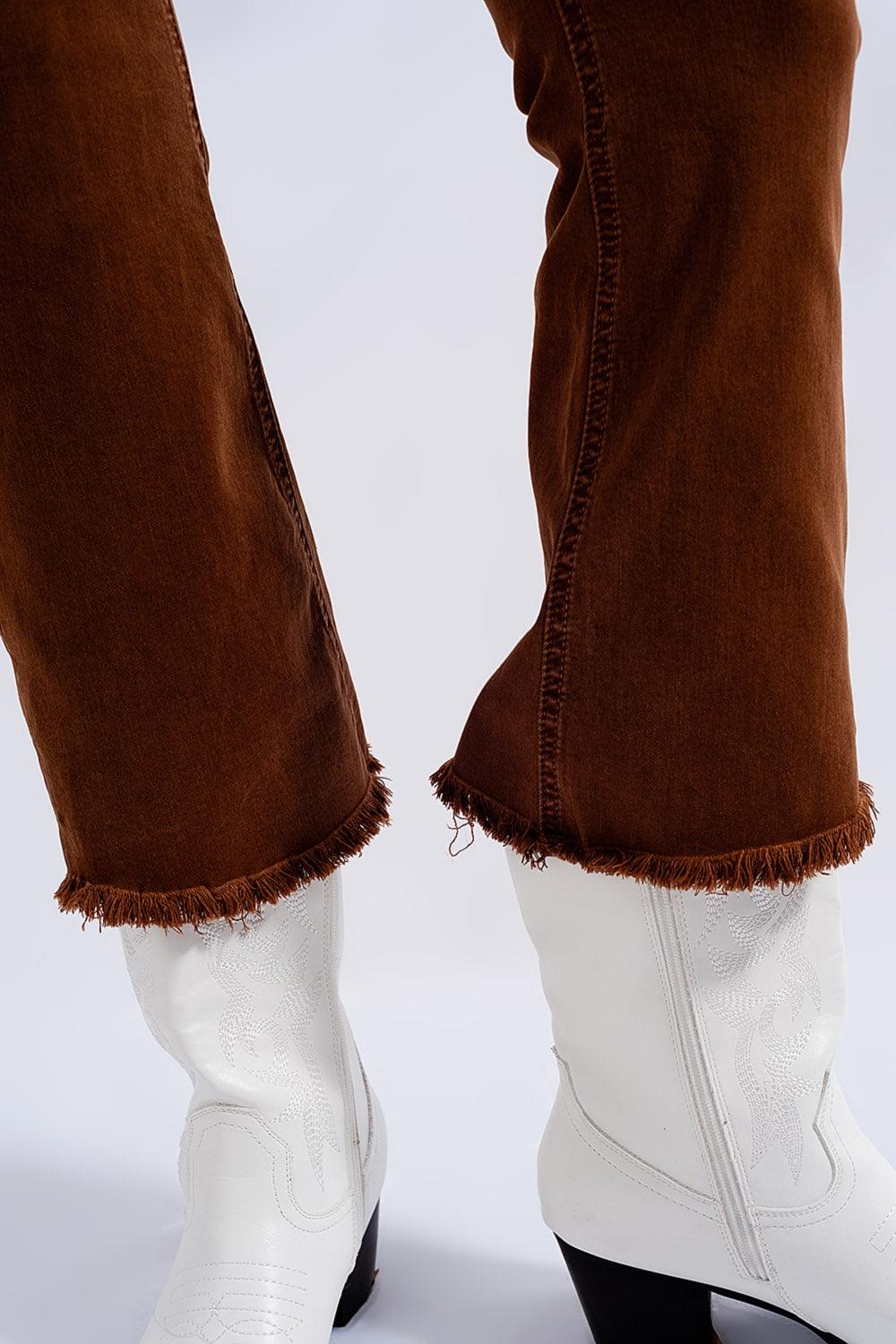 Women's Brown High Rise Raw Hem Flared Jeans - Lovez Aqua© - 