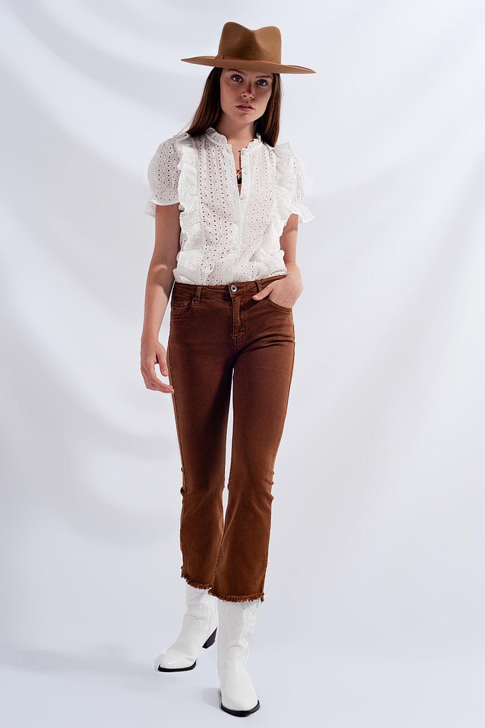 Women's Brown High Rise Raw Hem Flared Jeans - Lovez Aqua© - 