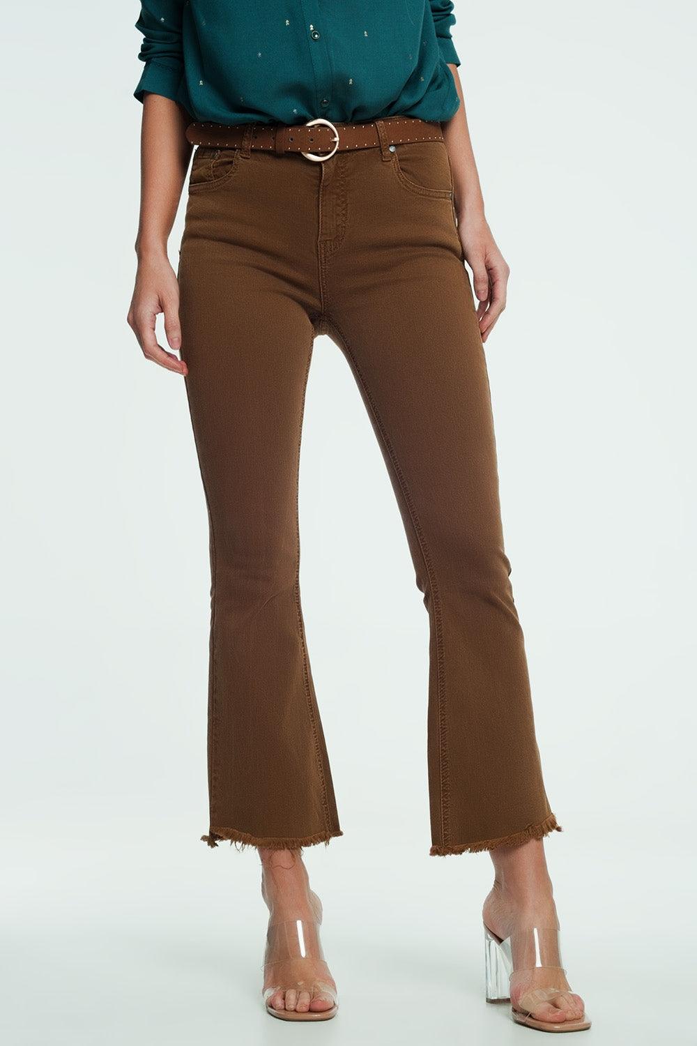 Women's Brown High Rise Raw Hem Flared Jeans - Lovez Aqua© - 