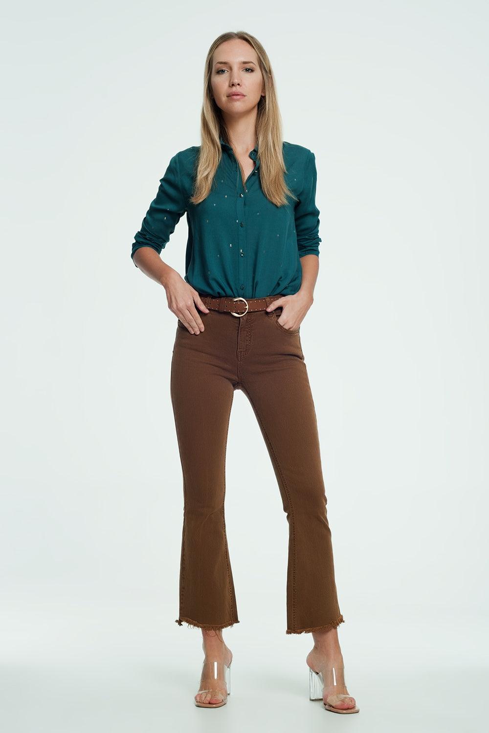 Women's Brown High Rise Raw Hem Flared Jeans - Lovez Aqua© - 
