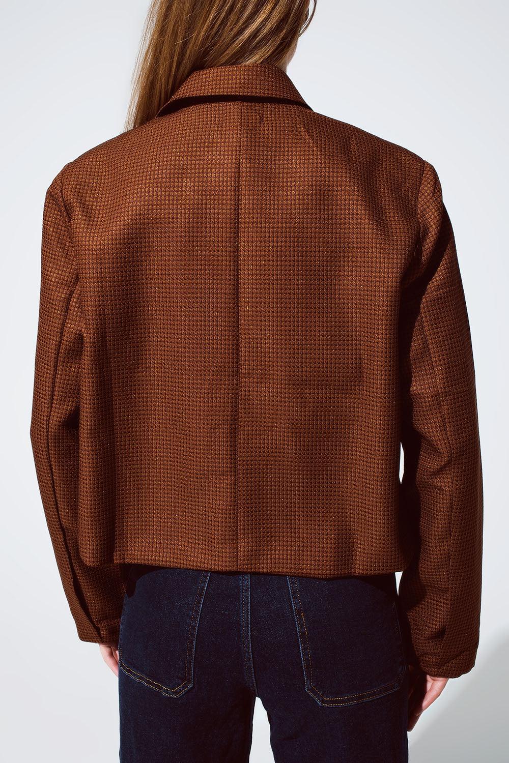 Women's Brown Oversized Cropped Blazer with Vichy Design - Lovez Aqua© - 