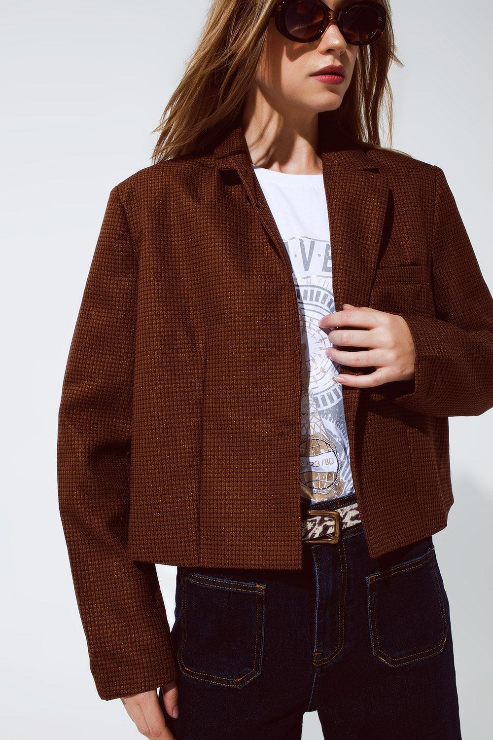 Women's Brown Oversized Cropped Blazer with Vichy Design - Lovez Aqua© - 