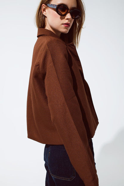 Women's Brown Oversized Cropped Blazer with Vichy Design - Lovez Aqua© - 