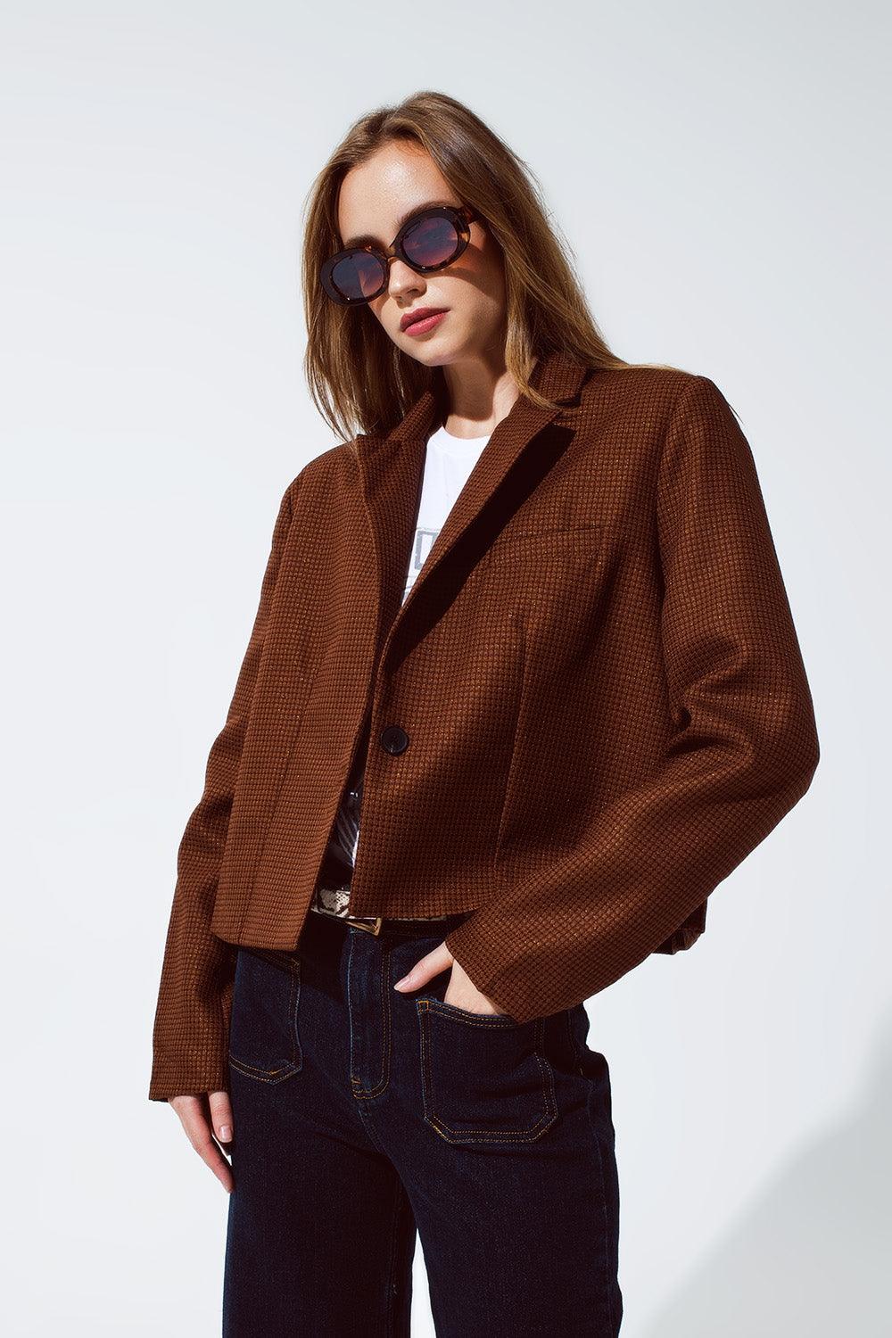 Women's Brown Oversized Cropped Blazer with Vichy Design - Lovez Aqua© - 
