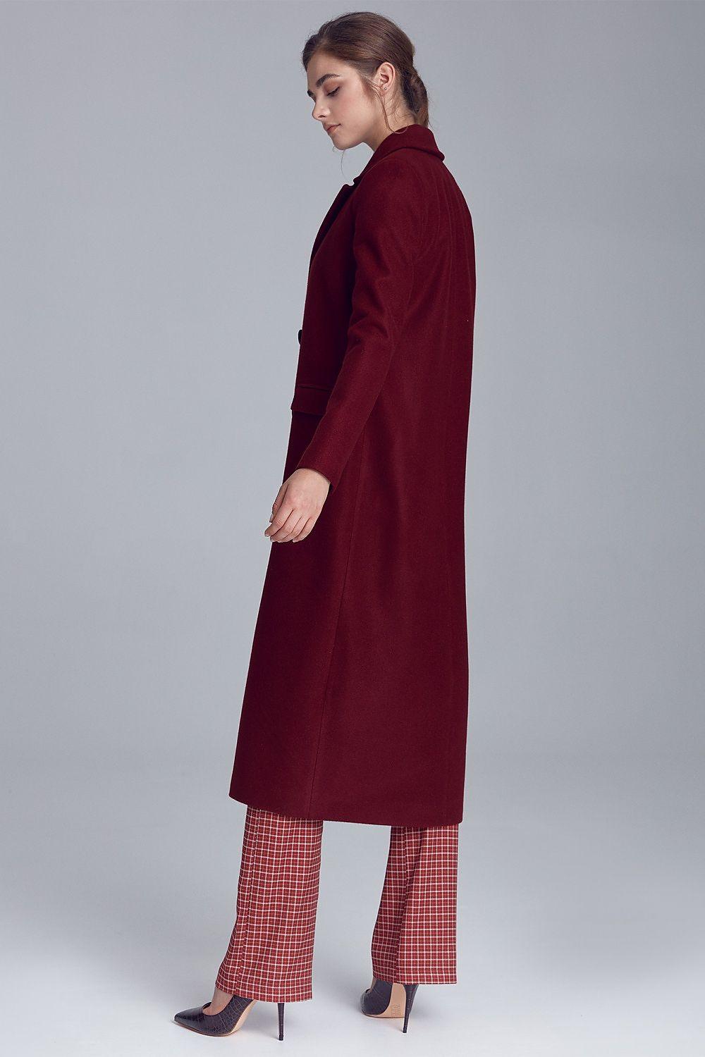 Women’s Burgundy Wool-Blend Long Coat with Notched Collar & Button Closure - Lovez Aqua© - 