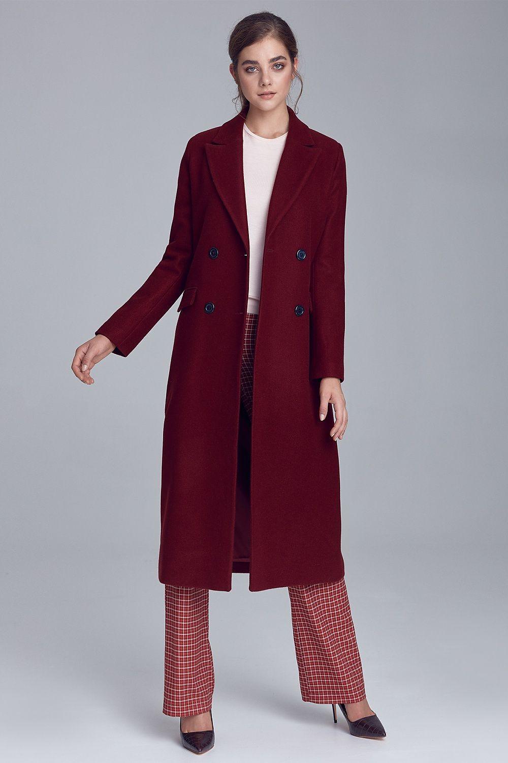 Women’s Burgundy Wool-Blend Long Coat with Notched Collar & Button Closure - Lovez Aqua© - 