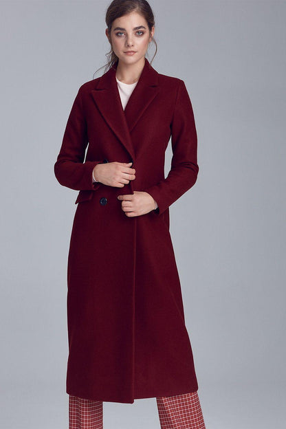Women’s Burgundy Wool-Blend Long Coat with Notched Collar & Button Closure - Lovez Aqua© - 
