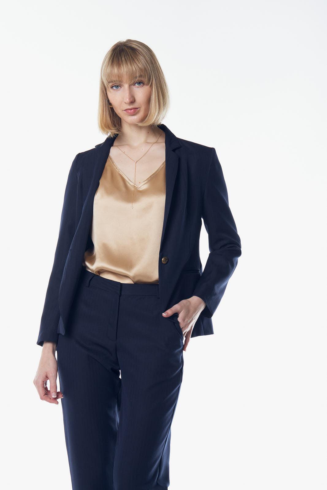 Women's Casual Fit Notched Lapel Woolen Navy Blazer/Suit - Lovez Aqua© - 
