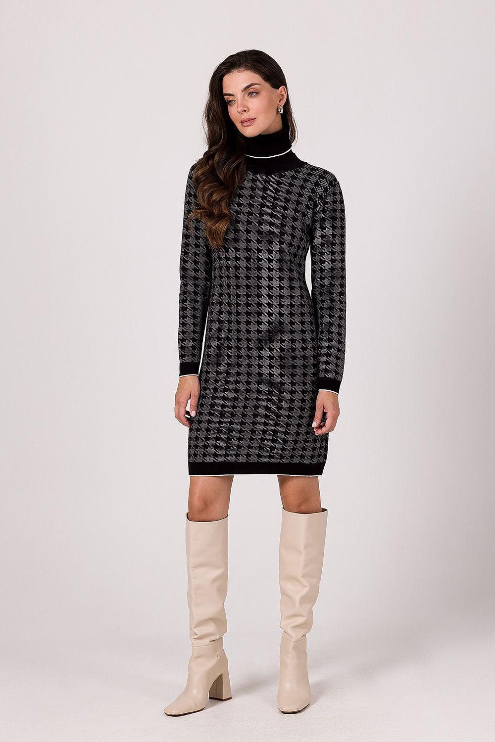 Women's Cozy Winter Black Knit Turtleneck Sweater Dress - Lovez Aqua© - L/XL