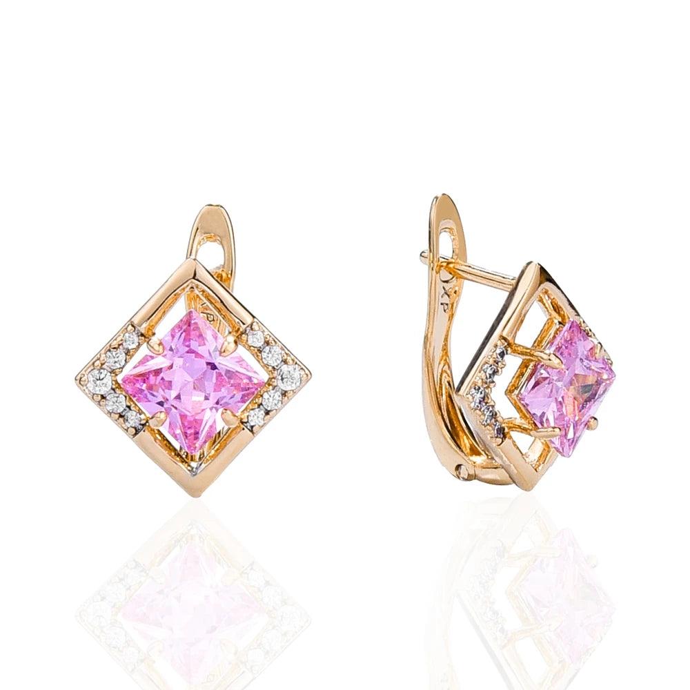 Women's Crystal Zircon Geometric Rhombus Gold Stud Earrings - Lovez Aqua© - Pink