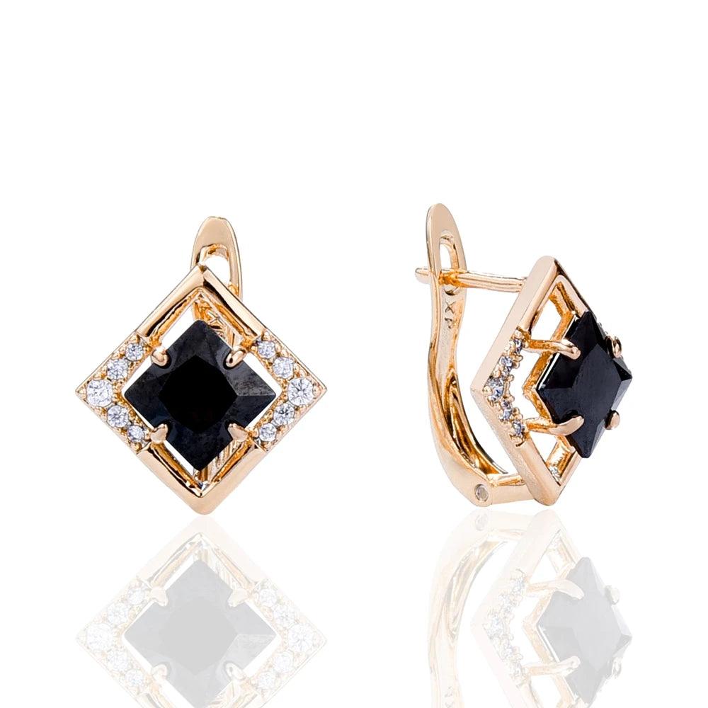 Women's Crystal Zircon Geometric Rhombus Gold Stud Earrings - Lovez Aqua© - Black