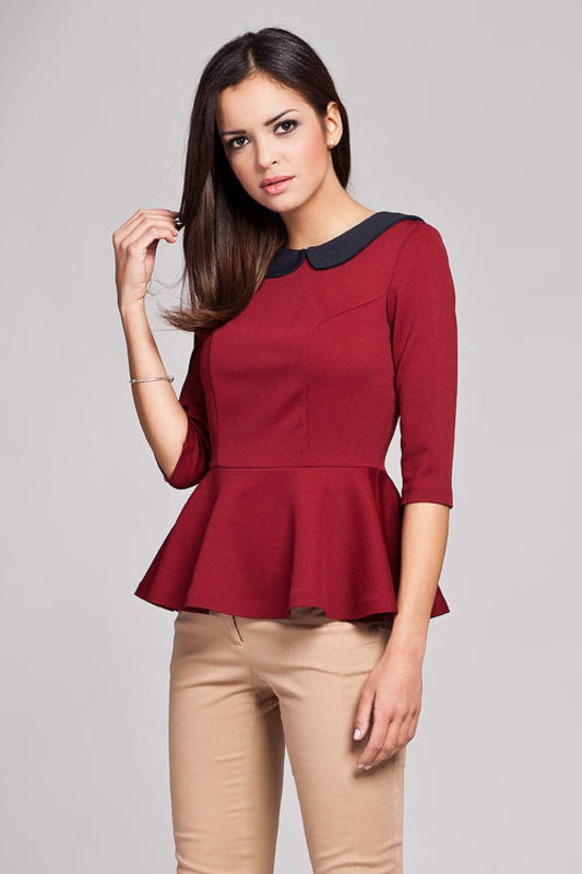Women’s Deep Red Peplum Blouse With Black Collar Detail & 3/4 Sleeves - Lovez Aqua© - 