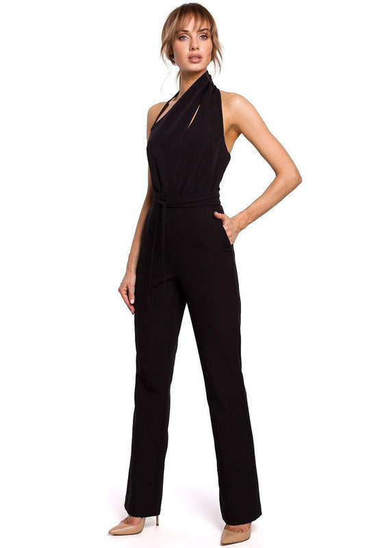 Women's Elegant Black Halter Jumpsuit With Keyhole Cutout & Tie Belt - Lovez Aqua© - 