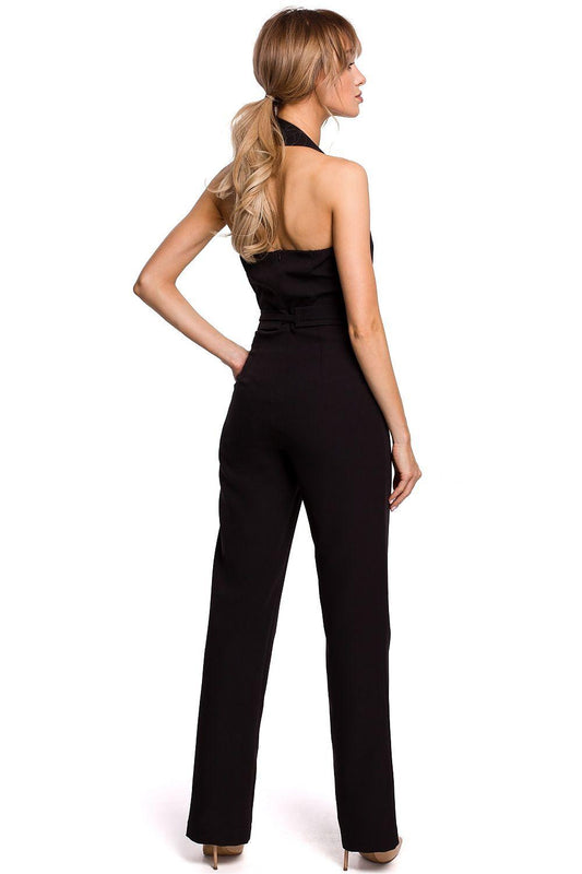 Women's Elegant Black Halter Jumpsuit With Keyhole Cutout & Tie Belt - Lovez Aqua© - 