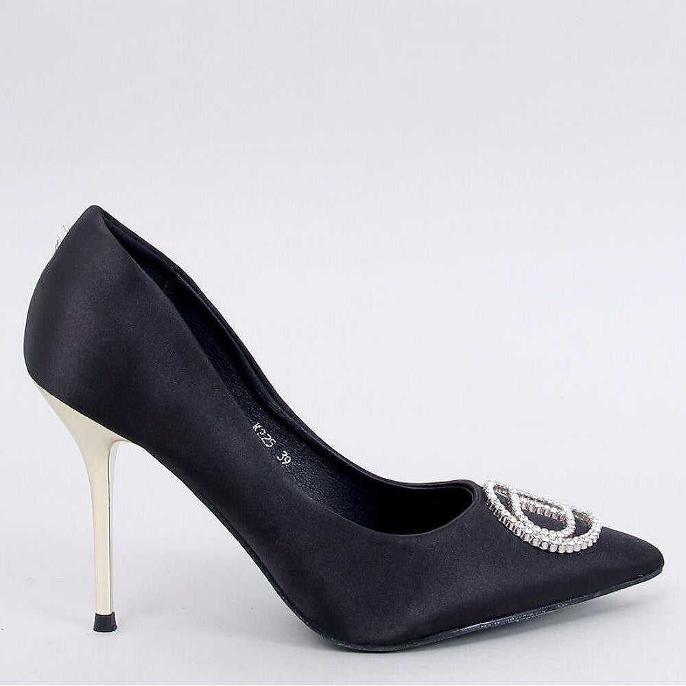 Women's Elegant Black Satin High Heel Pumps with Pearl Embellishments - Lovez Aqua© - 35