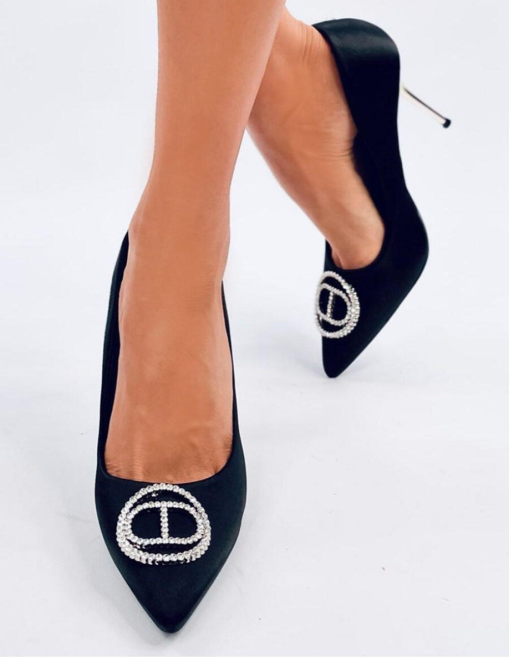 Women's Elegant Black Satin High Heel Pumps with Pearl Embellishments - Lovez Aqua© - 