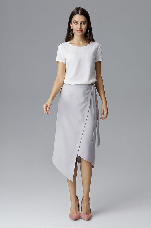 Women's Elegant Light Gray Asymmetrical Midi Skirt with Tie Detail - Lovez Aqua© - 