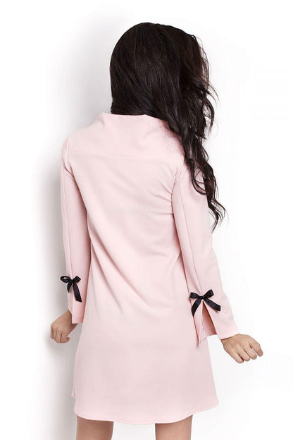 Women's Elegant Light Pink Trapeze Cocktail Dress With Satin Bow Long Sleeves - Lovez Aqua© - 