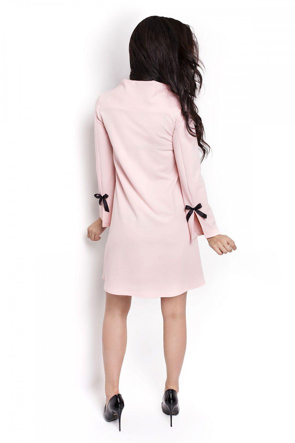 Women's Elegant Light Pink Trapeze Cocktail Dress With Satin Bow Long Sleeves - Lovez Aqua© - 