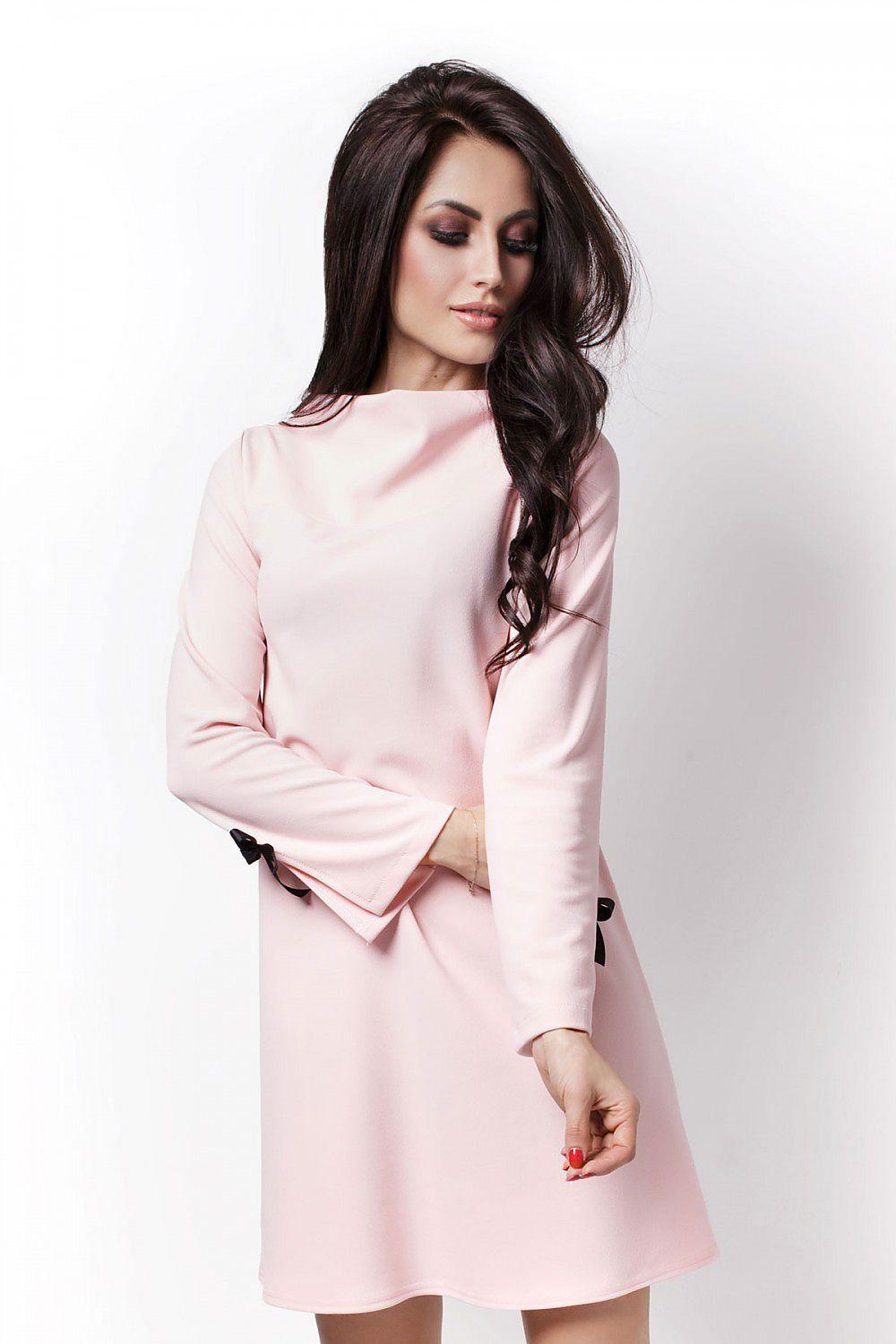 Women's Elegant Light Pink Trapeze Cocktail Dress With Satin Bow Long Sleeves - Lovez Aqua© - 