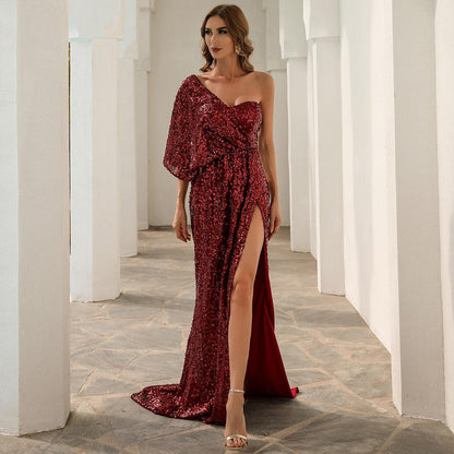 Women's Elegant One-Shoulder Sequined Evening Gown With Thigh-High Slit - Lovez Aqua© - Burgundy / S