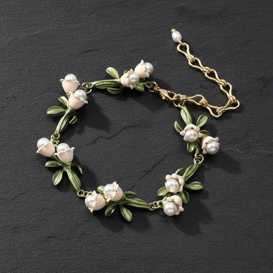 Women's Elegant White Bell Orchids Jewelry Set with Imitation Pearls - Lovez Aqua© - Bracelet 2